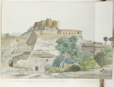 Oude kasteel van Mata en Grifone en het karmelieten klooster، Grondvesten van Messina قلعة ماتا جريفون السابقة ، ودير الكرمليين المنقطعين في ميسينا (العنوان على الجسم) رحلات في إيطاليا وصقلية ومالطا - 1778 (عنوان السلسلة) بواسطة لويس دوكروس