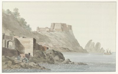تجشؤ في ملعب Scilla في de regio Calabrië aan de oostkust صخرة وبلدة سيلا في كالابريا ؛ المنظر مأخوذ من الجانب الشرقي (العنوان على الكائن) رحلات في إيطاليا وصقلية ومالطا - 1778 (عنوان السلسلة) بواسطة لويس دوكروس