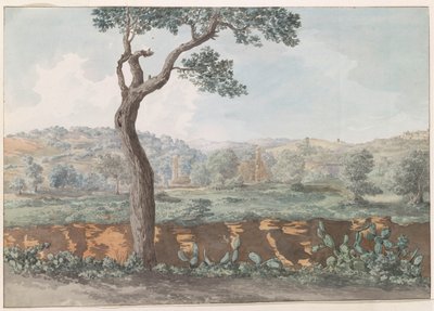 Ruïne van Castor en Pollux tempel binnen muren van oude Agrigento منظر لأطلال معبد كاستور وبولوكس في حاوية أغريجنتوم القديمة (العنوان على الكائن) رحلات في إيطاليا وصقلية ومالطا - 1778 (عنوان السلسلة) بواسطة لويس دوكروس