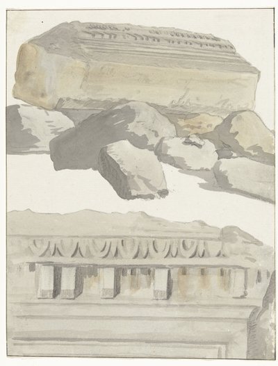 Twee stukken van een architraaf van de antieke Temple في de oude stad Manduria منظر لغرفة من عتبة المعبد القديم في مدينة Manduria القديمة رحلات في إيطاليا وصقلية ومالطا - 1778 (عنوان السلسلة) بواسطة لويس دوكروس