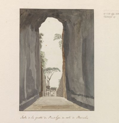 Uitgang van Grot Crypta Neapolitana (من Grotta di Posillipo) aan de kust van Pozzuoli الخروج من كهف Pausilype بالقرب من Pozzuoli (العنوان على الجسم) رحلات في إيطاليا وصقلية ومالطا - 1778 (عنوان السلسلة) بواسطة لويس دوكروس