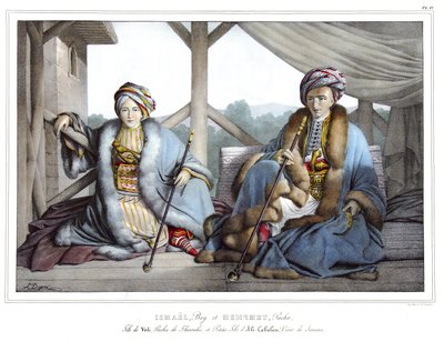 إسماعيل وباي ومحميت باشا ، ابن فيلي ، باشا ثيساليا وحفيد علي تبلين (1741-1822) ، وزير جانينا ، في "" رحلة إلى أثينا والقسطنطينية ، أو مجموعة من الصور والمناظر والأزياء اليونانية والعثمانية ، رسمت على أماكن natu بواسطة لويس دوبري