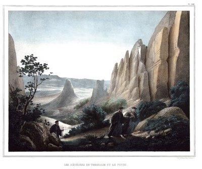 Les meteores de Thessalie et le Pinde (المناظر الطبيعية للمنحدرات والصخور). في "" رحلة إلى أثينا والقسطنطينية ، أو مجموعة من الصور والمناظر والأزياء اليونانية والعثمانية ، التي رسمها لويس دوبري على أماكن ما بعد الطبيعة والطباعة الحجرية والألوان بواسطة لويس دوبري