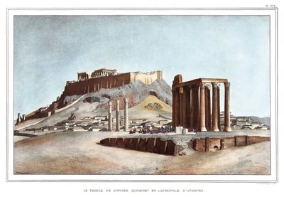 معبد جوبيتر الأولمبي وأكروبوليس أثينا. في "" رحلة إلى أثينا والقسطنطينية ، أو مجموعة من الصور والمناظر والأزياء اليونانية والعثمانية ، المرسومة على أماكن الطبيعة والطباعة الحجرية والألوان بواسطة لويس دوبري (1789-1837) ، بو بواسطة لويس دوبري