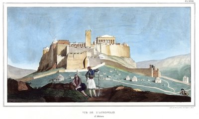 منظر لأكروبوليس أثينا. في "" رحلة إلى أثينا والقسطنطينية ، أو مجموعة صور ومناظر وأزياء يونانية وعثمانية ، رسمها لويس دوبري (1789-1837) تلميذ داود على أماكن الطبيعة والطباعة الحجرية والألوان. بواسطة لويس دوبري