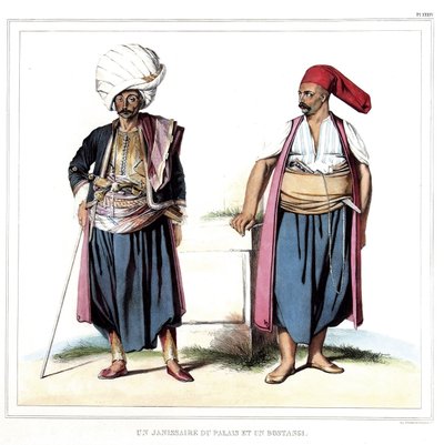 إنكشاري القصر والبستانجي (بستاني السراي). في "" رحلة إلى أثينا والقسطنطينية ، أو مجموعة من الصور والمناظر والأزياء اليونانية والعثمانية المرسومة على أماكن الطبيعة والطباعة الحجرية والألوان بواسطة لويس دوبري (1789-183) بواسطة لويس دوبري