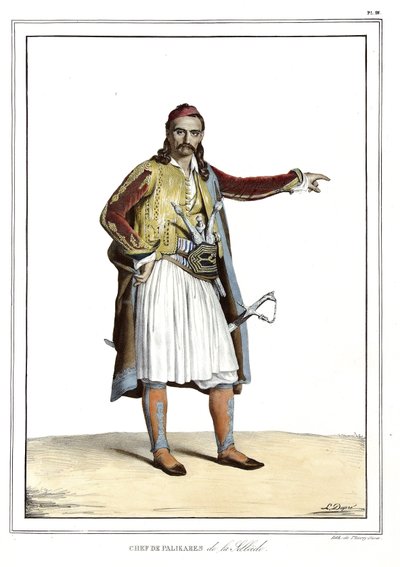 طاهي Palikares de la Scllade ، في "" رحلة إلى أثينا والقسطنطينية ، أو مجموعة من الصور والمناظر والأزياء اليونانية والعثمانية ، مرسومة على أماكن بعد الطبيعة والطباعة الحجرية والألوان بواسطة لويس دوبري (1789-1837) ، تلميذ داود. 1825. بواسطة لويس دوبري