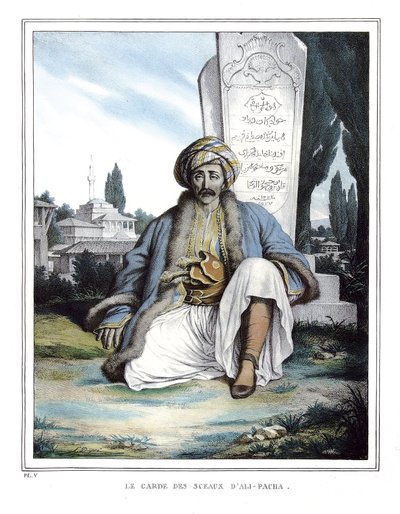 الوصي على أختام علي باشا دي جانينا (1741-1822) ، في "" رحلة أثينا والقسطنطينية ، أو مجموعة من الصور والمناظر والأزياء اليونانية والعثمانية ، التي رسمها لويس دوبري على أماكن الطبيعة والطباعة الحجرية والألوان (1789-1837) بو بواسطة لويس دوبري