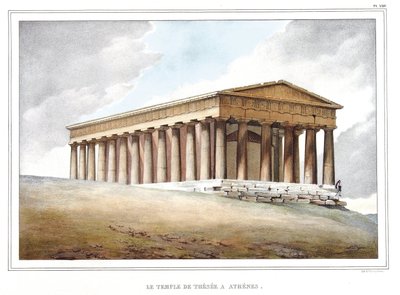 معبد Thesee a Athenes. في "" رحلة إلى أثينا والقسطنطينية ، أو مجموعة صور ومناظر وأزياء يونانية وعثمانية ، رسمها لويس دوبري (1789-1837) تلميذ داود على أماكن الطبيعة والطباعة الحجرية والألوان. بواسطة لويس دوبري