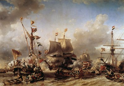 الحرب الأنجلو هولندية: "" انطلاق الأميرال الهولندي ميشيل أدريان رويتر (1607-1676) وويليام دي ويت في معركة تيكسل "" لوحة لويس غابرييل يوجين إيسابي (1803-1886) في تولون ، متحف بحري بواسطة لويس يوجين غابرييل إيزابي