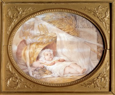 صورة لملك روما بيبي (1811-1832) في خوذة المريخ نابليون الثاني ، دوق رايششتات ، ابن الإمبراطور نابليون الأول (1769-1821) حديث الولادة. الحجر الأسود وورق الحمم البيج بواسطة يوجين إيزابي (1803-1886) مارس 1811. 0،21x0،26 م مالميزون ، متحف د بواسطة لويس يوجين غابرييل إيزابي