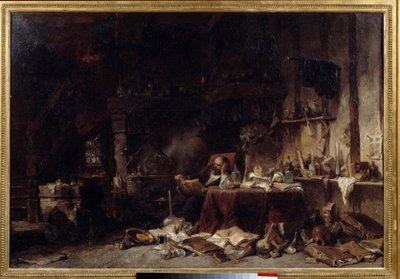 ورشة الكيميائي إنها مليئة بالقوارير والقوارير واللقطات. لوحة لويس غابرييل يوجين إيزابي (1803-1886) 1848 صن. 0،66x0،99 م متحف ليل للفنون الجميلة. بواسطة لويس يوجين غابرييل إيزابي