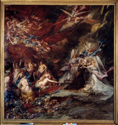 تعرض إغراء القديس أنطونيوس الناسك القديس أنطونيوس الكبير (251-356) (أو القديس أنطونيوس الناسك أو القديس أنطونيوس الأب) لإغراءات الشيطان في الصحراء. لوحة لويس غابرييل يوجين إيزابي (1803-1886) بواسطة لويس يوجين غابرييل إيزابي
