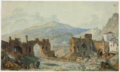المسرح القديم في تاورمينا مع إطلالة على جبل إتنا ودراسة لرحلة القديس نون بيتوريسكي في نابولي وصقلية بواسطة Louis Francois Cassas