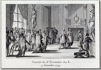 القنصلية: "" نابليون بونابرت (1769-1821) في اجتماع سانت كلاود في 18 برومير (9/11/1799) "انقلاب 18 برومير بواسطة نابليون بونابرت في مجلس الخمسة سنتات (خمسة سنتات) ) (غرفة من 500) ، محمية من قبل الرماة ، وينتهي د بواسطة لويس فرانسوا كوتش