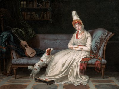 صورة إليزابيث ، سيدة ويبستر ، فيما بعد سيدة هولندا ، في ثوب أبيض مع ذليلها Pierrot ، c.1795 بواسطة لويس جوفير