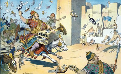 فرس وول ستريت ومصريو واشنطن 1907. يُظهر الرسم التوضيحي معركة بيلوسيوم مع الفرس الذين تم تحديدهم على أنهم "أصحاب المصالح الخاصة" بواسطة لويس جلاكينز