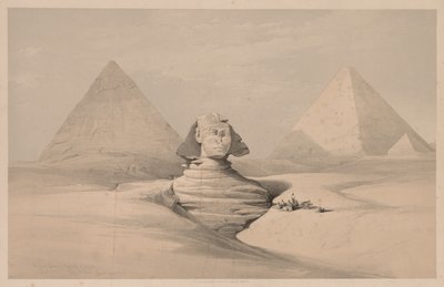 مصر والنوبة: المجلد الأول - رقم 18 ، أبو الهول ، أهرامات الجيزة ، منظر أمامي ، 1839. بواسطة لويس هاجي