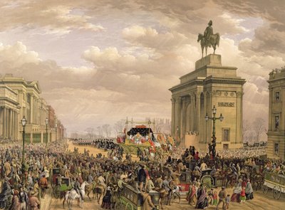 جنازة دوق ويلينغتون ، سيارة الجنازة التي تمر على الممر في Apsley House ، 18 نوفمبر 1852 ، محفورة من قبل توماس بيكن (fl.1838-1870) ، حانة. بواسطة أكرمان وي داي ، 1853 بواسطة لويس هاجي