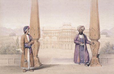 باباني نوبل ومرافقيه في قصر في قندهار ، من "شخصيات وأزياء أفغوانستان" كتبه النقيب لوكر ويليس هارت ، نُشر عام 1843 بواسطة لويس لاهاي