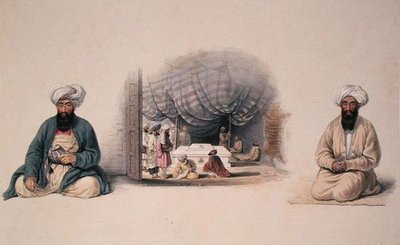 خان شيرين خان وهاجي خان كاكر يحيطان بمنظر داخلي لمقبرة دوست محمد ، من شخصيات وأزياء أفغوانستان 'بقلم الكابتن لوكير ويليس هارت ، نُشر عام 1843 (ليثو ملون) بواسطة لويس لاهاي