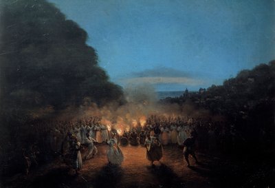 كان البامبولا يرقص مرة الخيزران (أو العصي) في مشهد رقص الرقيق الأسود في جزر الهند الغربية على ضوء المشاعل. لوحة هونور جامين (1803-1871) القرن التاسع عشر لاروشيل ، متحف العالم الجديد بواسطة لويس هونور جامين