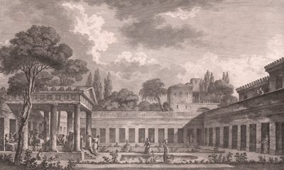 Ideal reconstruction of Villa of Diomedes in Pompeii to its original state before volcano eruption of Mount Vesuvius in 79 AD, Campania, Italy, etching after drawing by Louis Jean Desprez (1743-1804), ca 21x34 cm بواسطة لويس جان (بعد) ديسبريز