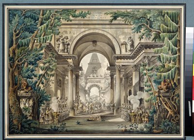 "" موكب في معبد "(موكب في معبد) سينوغرافيا لمسرحية. لوحة مائية من تصميم لويس جان ديسبريز (1743-1804) متحف بوشكين ، موسكو بواسطة لويس جان ديسبريز