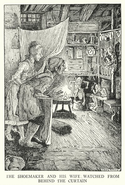 The shoemaker and his wife watched from behind the curtain (litho) بواسطة لويس جون ريد