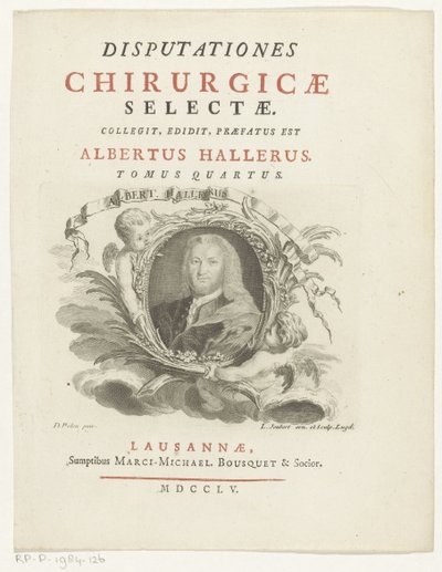 بورتريت فان ألبريشت فون هالر ألبرت هالر (العنوان على الكائن) Titelpagina for: Albrecht von Haller ، نقاشات جراحية مختارة ، 1755 بواسطة لويس جوبيرت