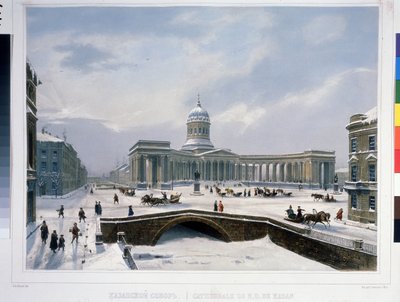 كاتدرائية كازان في سانت بطرسبرغ. طباعة حجرية للويس جول أرنوت (1814-1868) ، ملونة بالألوان المائية ، حوالي عام 1840. الفن الفرنسي ، الكلاسيكية. متحف بوشكين التذكاري ، سانت بطرسبرغ. بواسطة لويس جول أرنوت