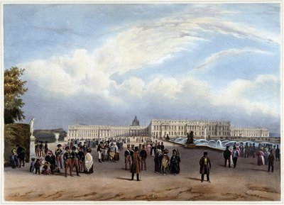 منظر عام لواجهة Château de Versailles - في "Promenade dans Paris et ses environs" ، صممه Jacottet and Benoist ، c. 1840 بواسطة لويس جوليان جاكوت