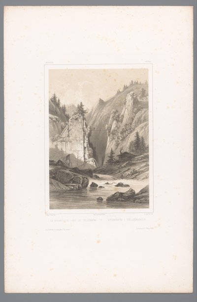 منظر لجسر فوق ممر صخري في Telemark Le Wrangefos dans le Tellemark / Wrangefòs i Tellemarken (العنوان على الكائن) وجوه في الدول الاسكندنافية (عنوان المسلسل) Vues du Nord. نورفي (عنوان المسلسل) بواسطة جورج اميل ليبرت
