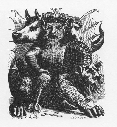 شيطان Asmodee من الكتاب المقدس - Asmodeus أو Ashmedai ملك الشياطين - في "القاموس الجهنمي" بواسطة Collin de Plancy - نقش بواسطة L. Breton. باريس بواسطة لويس لو بريتون