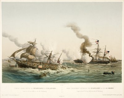 Combat Naval entre le Kearsage & l؟ Alabama، pub. 1864 (الطباعة الحجرية الملونة) بواسطة لويس لو بريتون