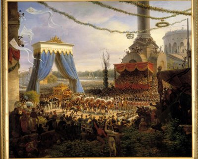Entre de Charles X à Paris بعد التتويج في 6/06/1825. رحبت الهيئة البلدية لباريس بالعربة الملكية في Barriere de la Villette برئاسة رئيس قسم نهر السين ، لوحة كونت شابرول التي رسمها لويس فرا بواسطة لويس ليجون