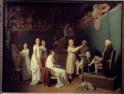 ورشة النحات جان بابتيست هودون (1741-1828). كان نموذج النحات عالم الرياضيات بيير سيمون لابلاس (1749-1827) ماركيز دي لابلاس في حضور زوجته وبناته. لوحة لويس ليوبولد بويلي (1761-1845) 1804 باريس ، دي بواسطة لويس ليوبولد بويلي