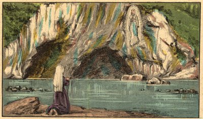 ظهور العذراء مريم في لورد - تظهر العذراء لبرناديت سوبيروس (1844-1879) في لورد عام 1858 - - نقش من "" التعليم الديني بالعيون. ألبوم رائع "للويس مايترجين وجورجيت راموند - فرنسا 1910 بواسطة لويس مايترجين