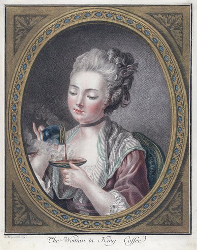 امرأة تأخذ القهوة - بونيه ، لويس مارين (1743-1793) - 1774 - حفر ، ألوان مائية - 28.7 × 23.4 - مجموعة خاصة بواسطة لويس مارين بونيه