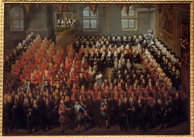 Bed of Justice held by Louis XV (1710-1774) in the Grand Chamber of the Parliament of Paris to break the will of Louis XIV (1638-1715) بواسطة لويس ميشيل دومسنيل