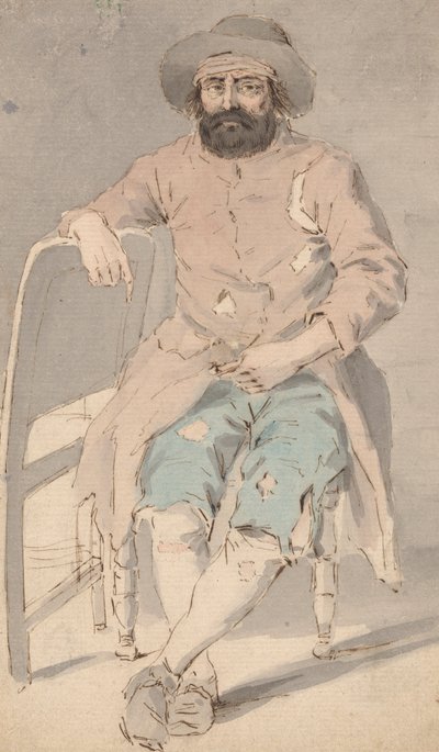 رجل بملابس خشنة يجلس بذراعه اليمنى فوق كرسي آخر بواسطة Louis Philippe Boitard