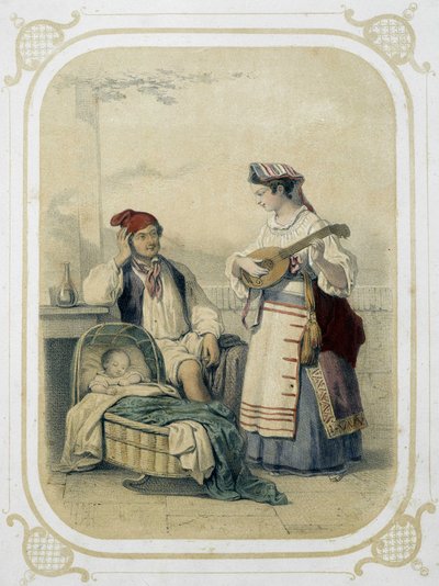 Family in the Kingdom of Naples, Italy - in “” Album du jeune voyageur””, illustrated by Louis Lassalle بواسطة لويس سيمون لاسال