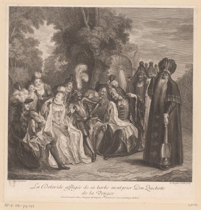 يطلب دولورايد من دون كيشوت الانتقام لها La Doloride Affligée de sa barbe vient prier Don Quichotte de la venger (العنوان على الكائن) تاريخ دون كيشوت من لامانشا (عنوان المسلسل) بواسطة لويس سوروج