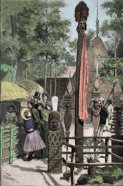 معرض يونيفرسال 1889 - Le Village canaque à l'Esplanade des Invalides (القاناك المعروضة أثناء المعرض: حديقة الحيوانات البشرية) - رسم لويس تينير (1861-1942) - في "Le Monde Illustré" "" بتاريخ 22/7/1889 . بواسطة لويس تينايير