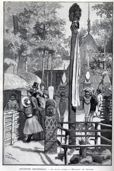 معرض يونيفرسيل 1889 - قرية الكنك في Esplanade des Invalides (الكنكات المعروضة خلال المعرض: Zoo Humane). رسم لويس تينير (1861-1942) - في "" العالم المصور "بتاريخ 22/07/1889. بواسطة لويس تينايير