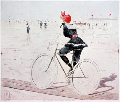 Woman on a bike on the beach - drawing by L. Vallet بواسطة لويس فاليه