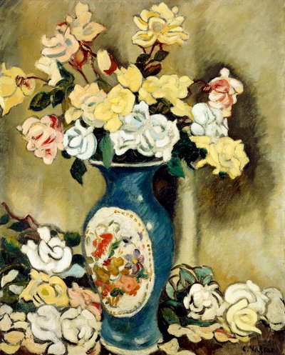 باقة من الورود الحمراء في مزهرية زرقاء حوالي عام 1920 (زيت على قماش) بواسطة لويس فالتات