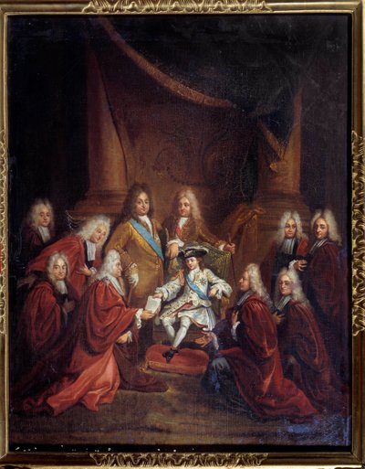 الملك لويس الخامس عشر (1710-1774) طفل يمنح خطابات النبلاء لجسم المدينة في عام 1716 لوحة لويس بولون جون (1654-1733) 1716 صن. 0،66x0،55 م باريس ، متحف كارنافالي بواسطة لويس دي بولون