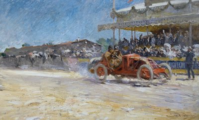 الجائزة الكبرى الأولى لنادي فرنسا للسيارات عام 1906، وصول الفائز، كومبيان، فرنسا، لوحة للويس ماري دي شريفر (1862-1942) بواسطة لويس دي شيفر