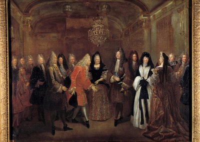 استقبل الملك لويس الرابع عشر (1638-1715) الأمير فريدريك أوغسطس من ساكسونيا من إليزابيث شارلوت دورليانز في 27/09/1714 في قلعة فونتينبلو. لوحة لويس دي سيلفستر (1675-1760) 1715 خافت. 1،20 x 1،55 م بواسطة لويس دي سيلفستر